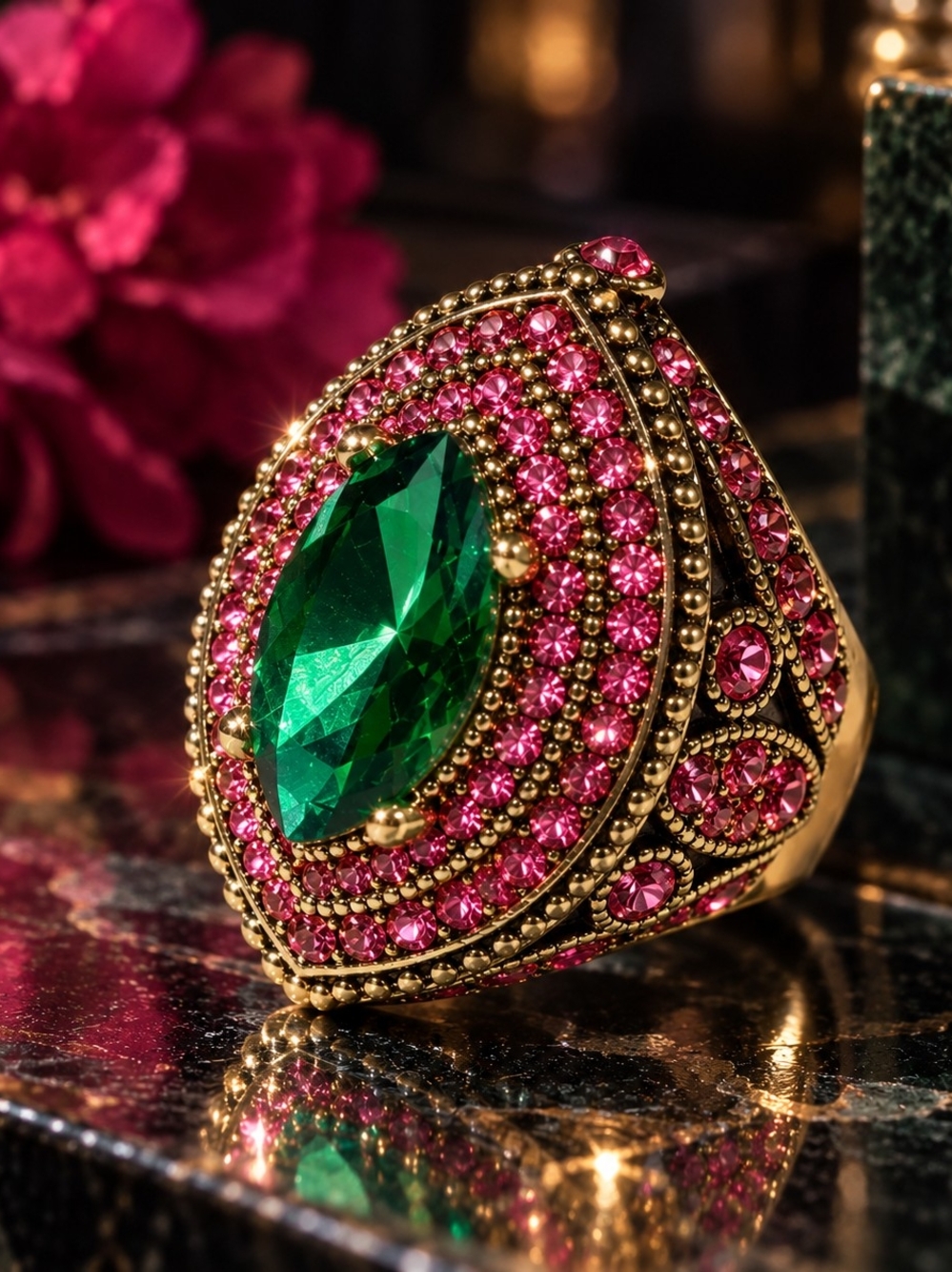 Green & Pink Crystal Statement Ring Gold Tone Size 8
